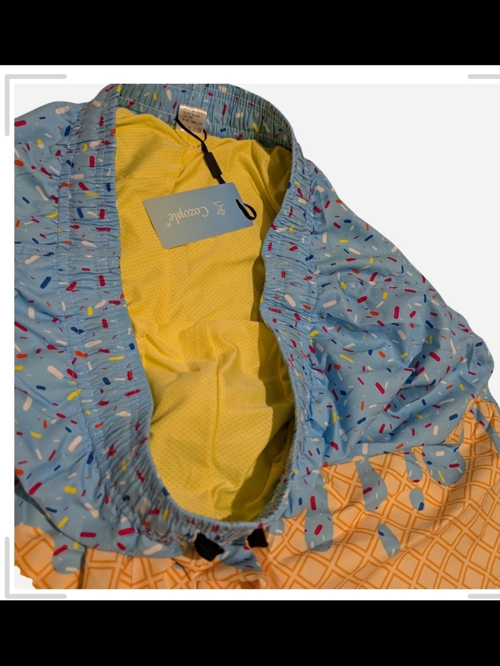 Ice Cream Cone Print Men's Swim Trunks in Blue and Tan - Picture 5 of 7